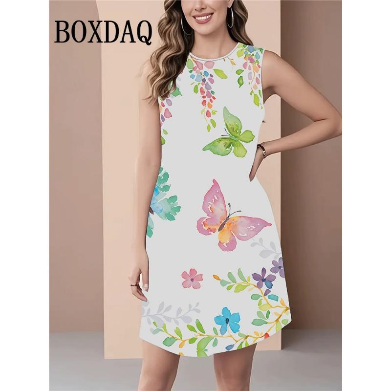 

Butterfly Print Dress For Women 2025 Fashion Cute Cartoon Pattern Summer Dresses Casual Sleeveless Loose Short Vest Dress Female XL