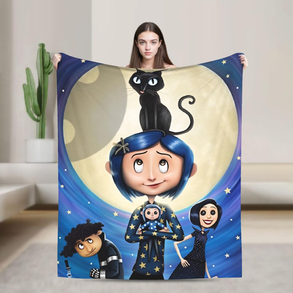 Coralines Animated Movie Blanket  Travel Flannel Throw Blanket For Living Room Warm Soft Custom DIY Quality Bedspread Gift Idea