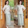 Mother's Ethnic Suit: Summer New Arrival for Middle-Aged and Elderly Women, Short-Sleeved Top & Plus Size Wide-Leg Pants Set.