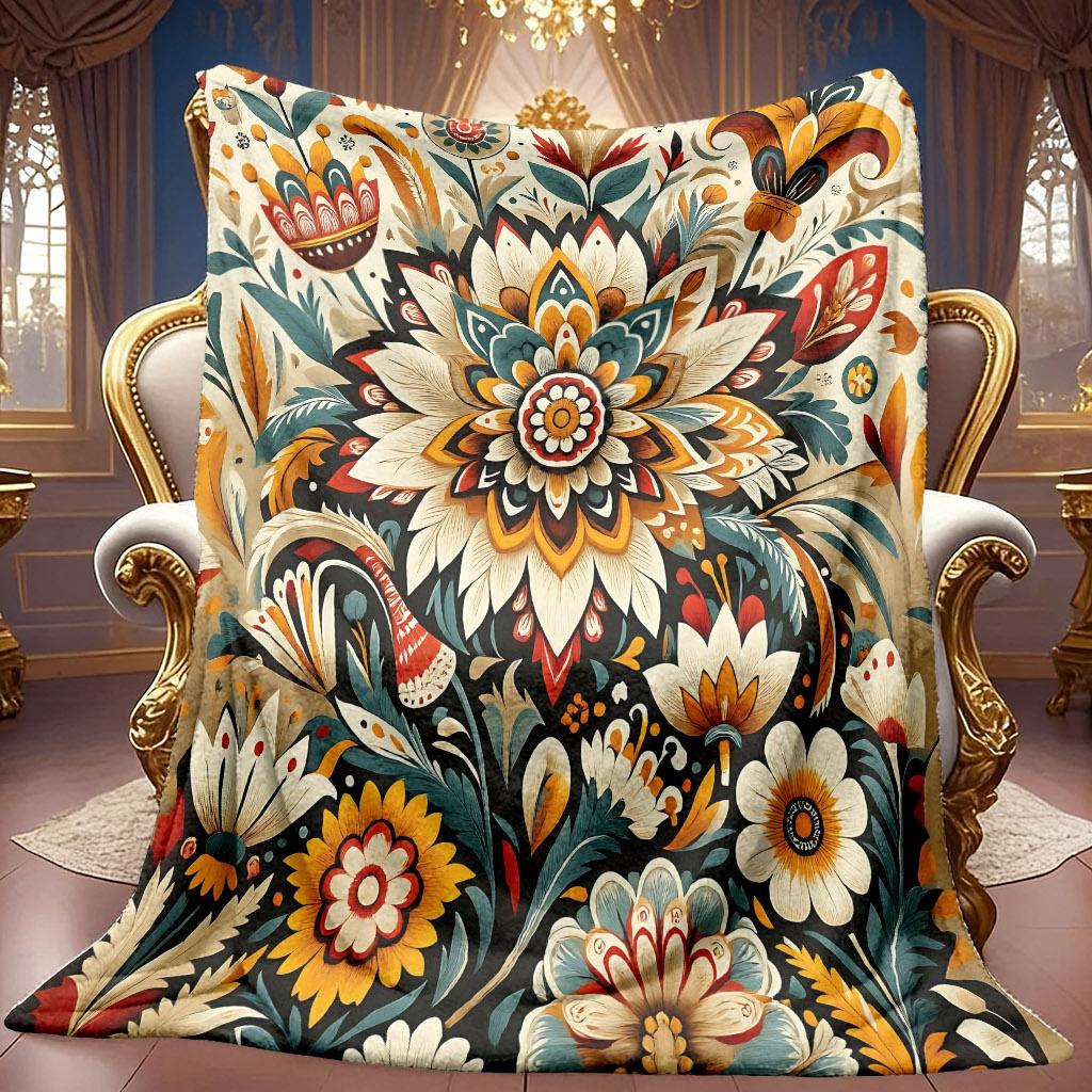 1pc 2D Retro Painted Floral Theme Pattern Flannel Blanket, Soft HD Digital Print Cooling Blanket Suitable for All Seasons! Soft And Breathable 100% Po