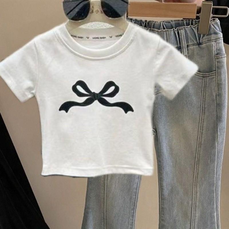 

Trendy Black And White Girls Summer Outfit Set With Chic Butterfly Knot Top And Flared Jeans White Bow,150cm/59.06in