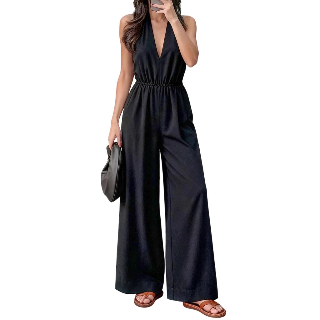 Women Sleeveless V Neck Halter Neck Jumpsuit Wide Leg Elastic Waist Casual One Piece Romper
