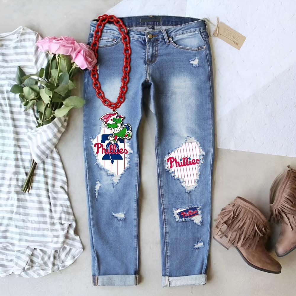 Stylish New Winter Printed Ripped Mid-Waist Women s Denim Jeans 2XL