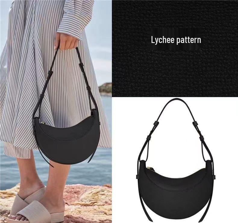 French Niche Design Women's Lychee Pattern Crescent Shoulder & Crossbody Saddle Bag