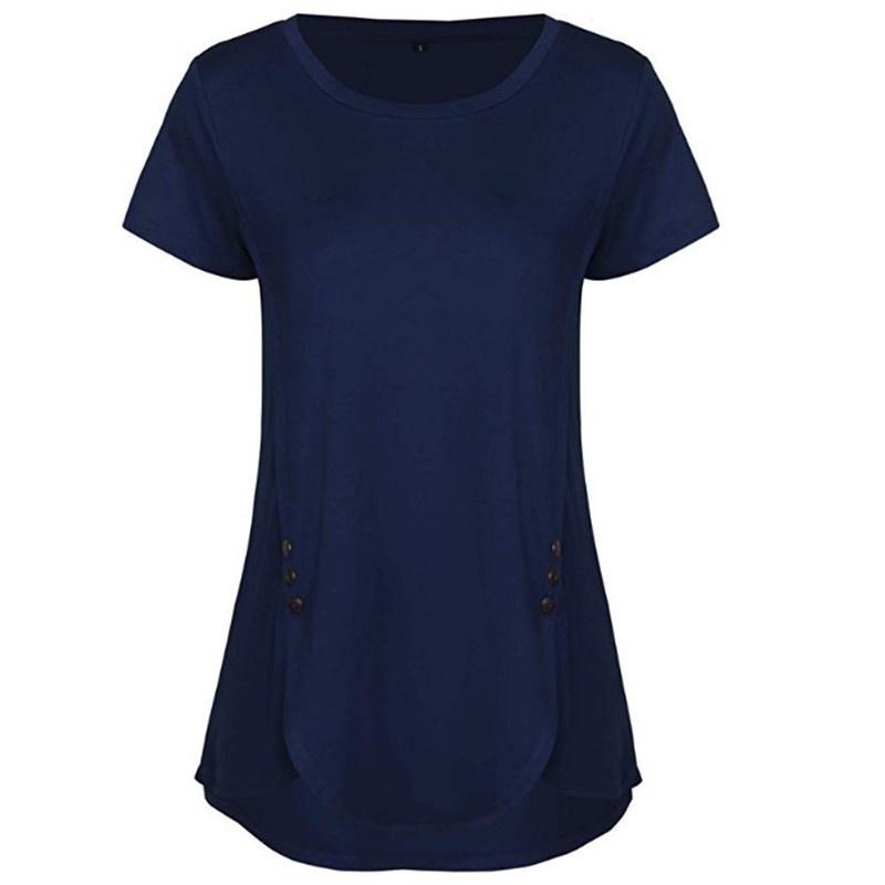 2026 Summer Women's Solid Color T-Shirt New Short Sleeve Button Round Neck Top