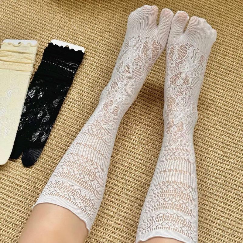 Two-toe Thin Style Stockings - White Ballet-style Retro Elegant Calf Socks - Breathable Thin Style with Openwork Design - Layered Stockings for Women