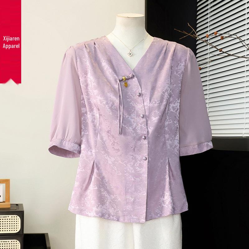 Mother's Day Chinese Style Short Sleeve Top Set for Middle-Aged and Elderly Women - Summer Edition