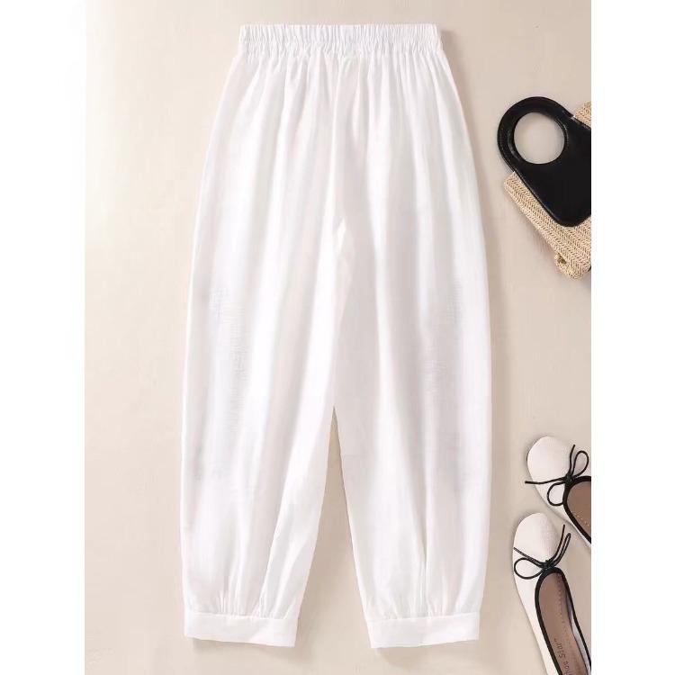 Summer Women's Cotton and Hemp Embroidered Haren Pants Middle Aged and Elderly Large Loose Haren Pants Mom Cropped Pants
