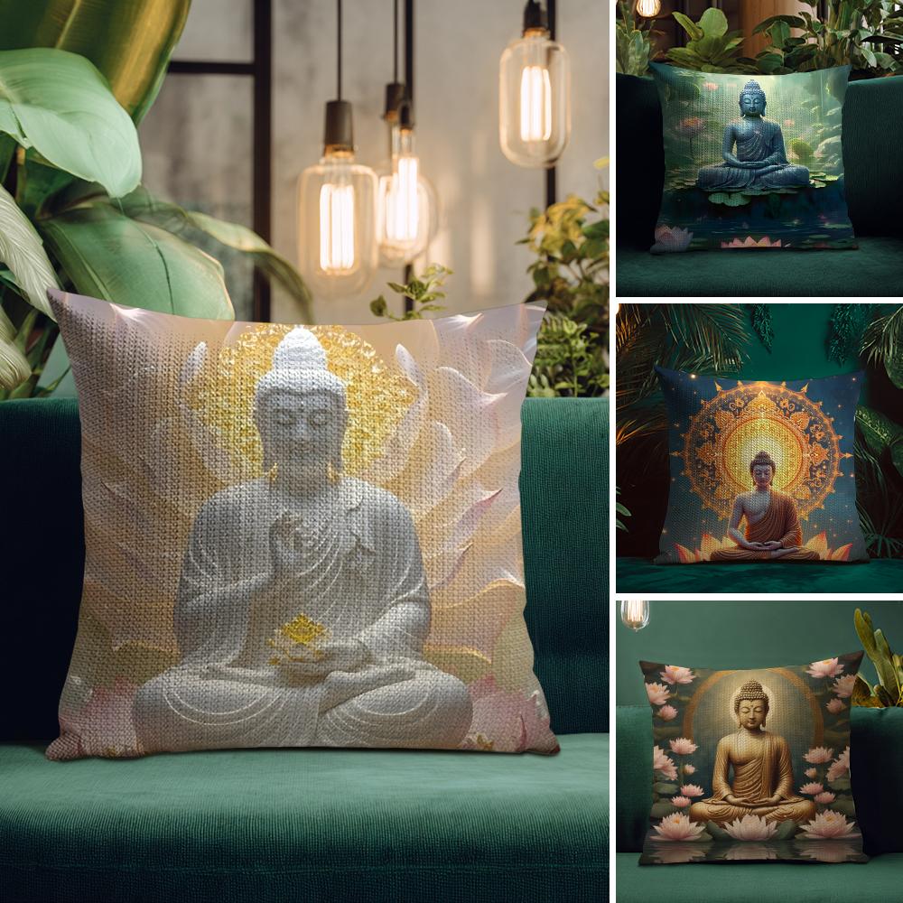 Buddha-Statue und Lotus-Kissenbezug Natürlicher Leinen-Kissenbezug Doppelseitiger Druck Dekorative Sofakissenhülle Heimdekoration Geschenk