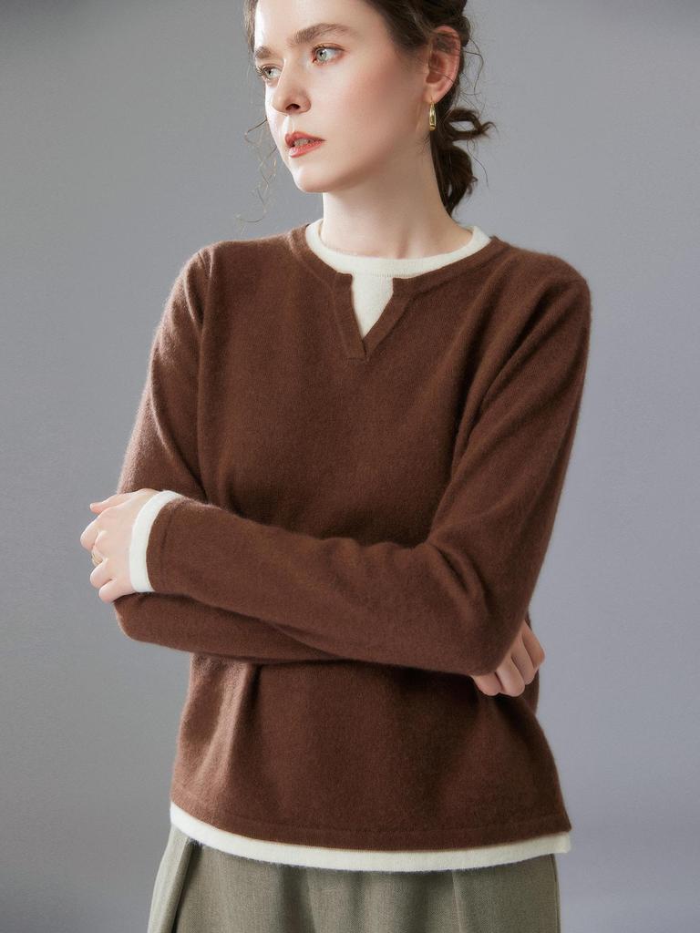 Autumn 2025 Sweet Style Color Block Cashmere Sweater - Loose Fit, Slimming, Short & Warm, Fake Two-Piece Design