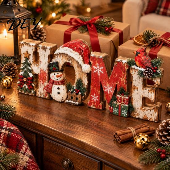 Rustic Christmas Table Centerpieces Wooden Decor, Vintage Centerpiece, HOME Letter Sign with Reusable Fireplace Accents Snowman Bird and Tree