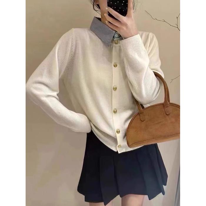 Женский высококачественный вязаный кардиган с воротником-поло 2025 года - Универсальный свитер в европейском стиле One Size белый
