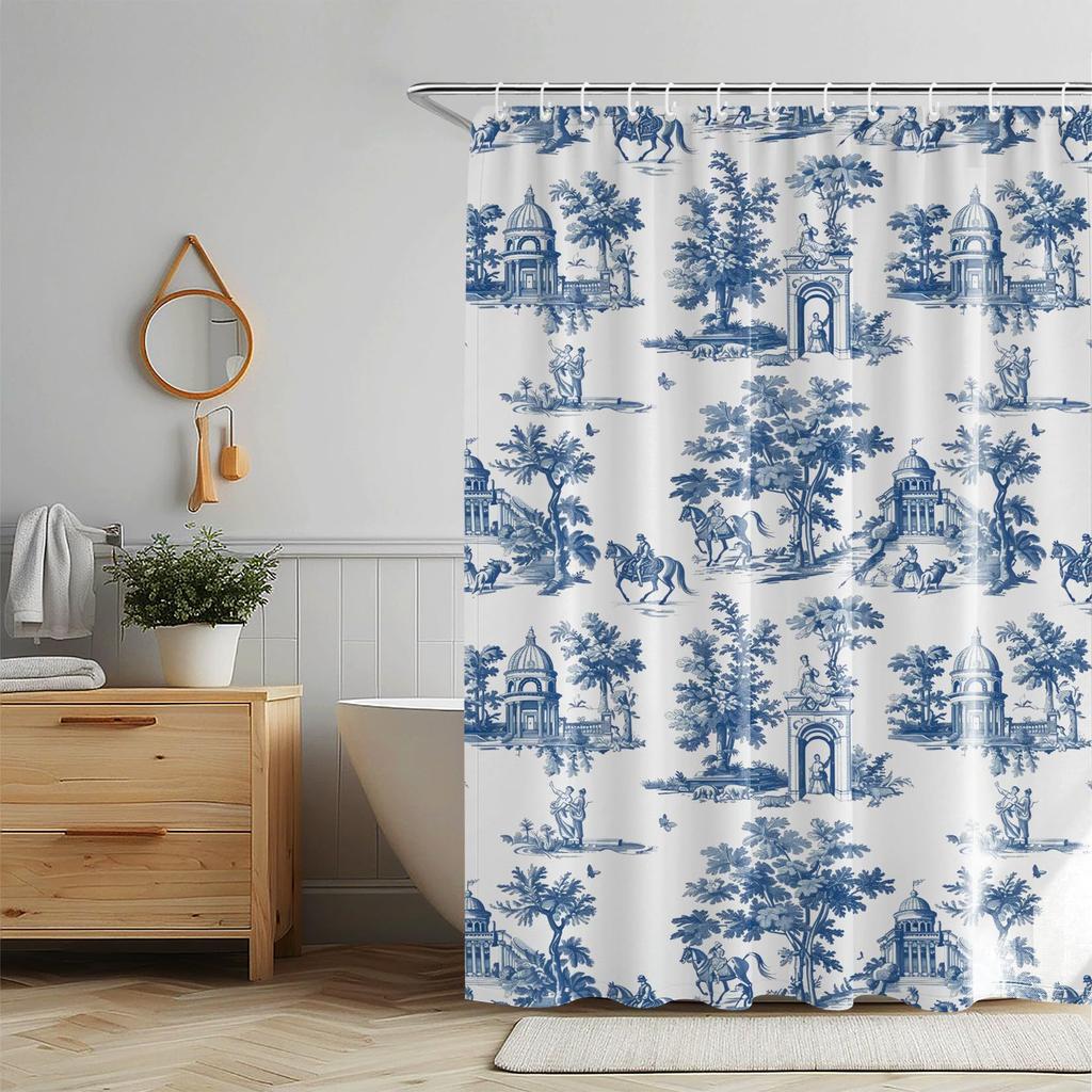 Vintage francouzská sprchová závěs Modrá a bílá látka Koupelnová sprchová závěs Statek Francouzský venkovský koupelnový závěs s háčky