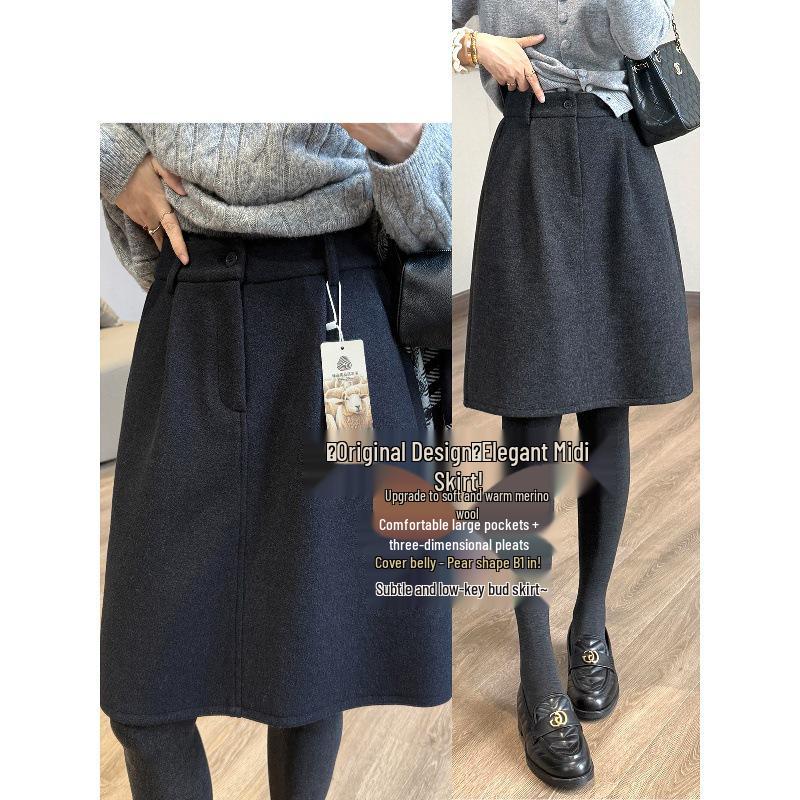 

Mid-Length Wool Skirt: Hidden Meat Flower Bud Design for Autumn/Winter M