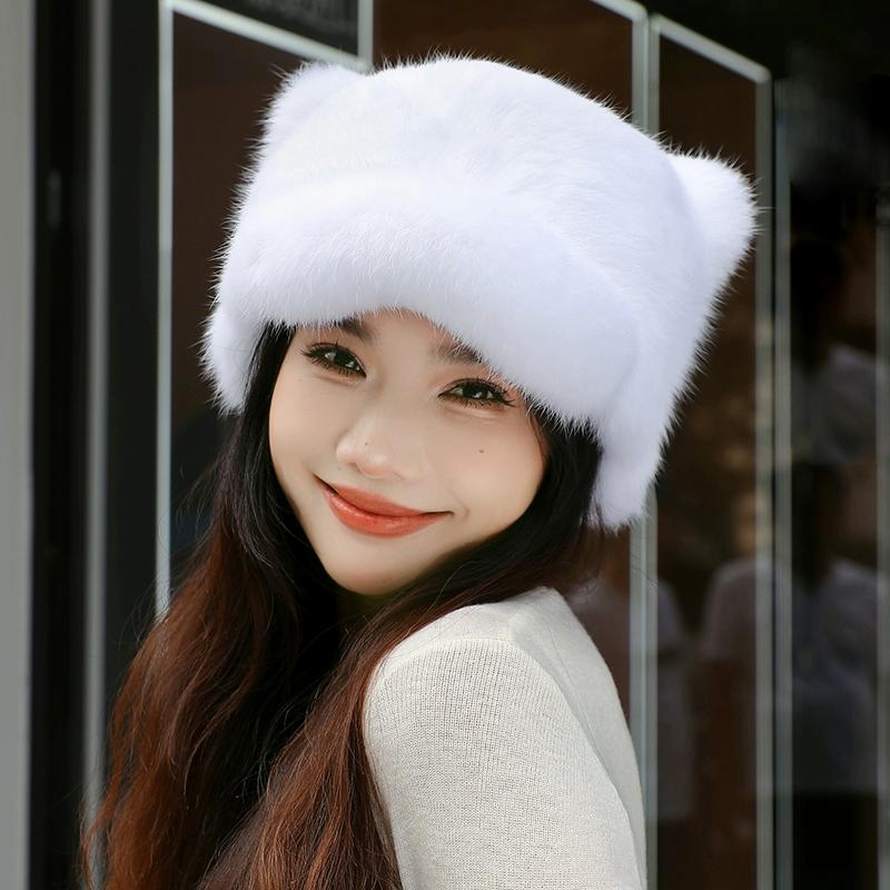 

Новая шапка с кошачьими ушками из кроличьего меха, мужская и женская, осенне-зимняя, меховая шапка, модная, универсальная, теплая, для пары 56-60 [Adjustable] белый