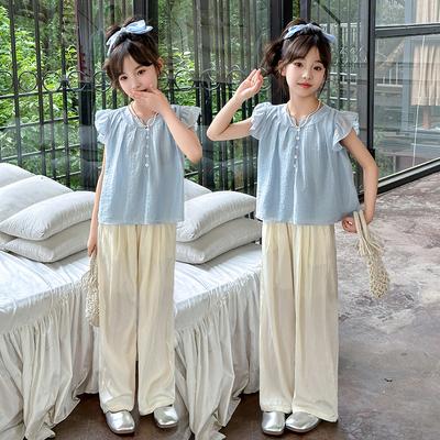 Girls Suit Summer Children's Casual Flying Sleeve Top Big Children's Loose Casual Pants Two-piece Suit
