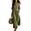 Women's Casual Two Piece Set Color Lapel Collar Button Front Half Sleeve Top and Wide Leg Pants