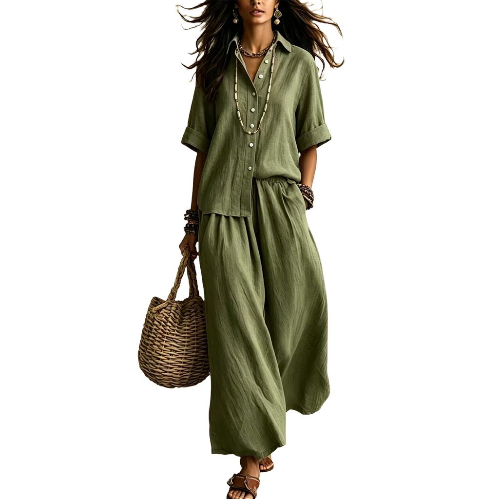 Women's Casual Two Piece Set Color Lapel Collar Button Front Half Sleeve Top and Wide Leg Pants