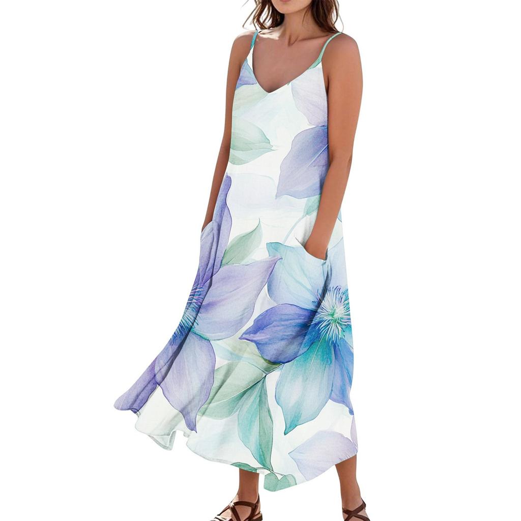Women's Casual Tie-Dye Floral Print Sleeveless Pocket Dress