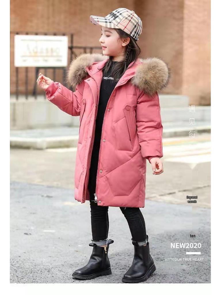 Girls' Mid-Length Down Cotton Coat with Fur Collar - Winter Jacket for Big Kids