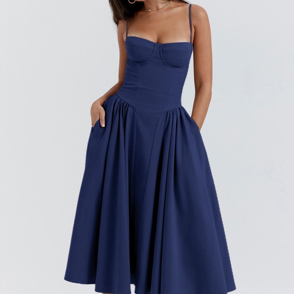 Women's Spaghetti Strap Midi Dress Solid Bustier High Waist Flared Swing Mid-Calf Sundress