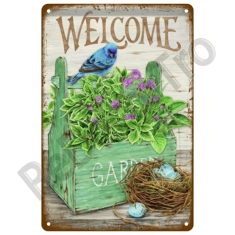 Metal Sign Wall Decor For Cafe Home Garden Farm Beach Hut Outdoor Vintage Tin Sign Flowers Birds Car Metal Plaque Welcome Poster