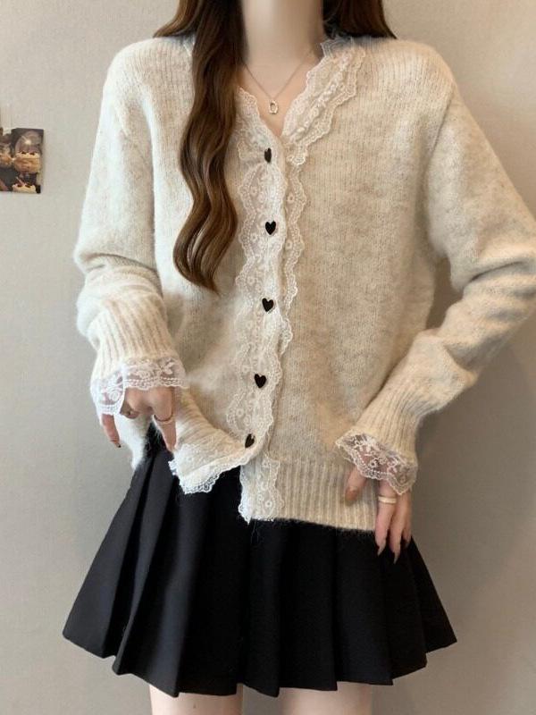 Women's Soft & Fluffy French Lace V-neck Knit Cardigan - Autumn/Winter 2026