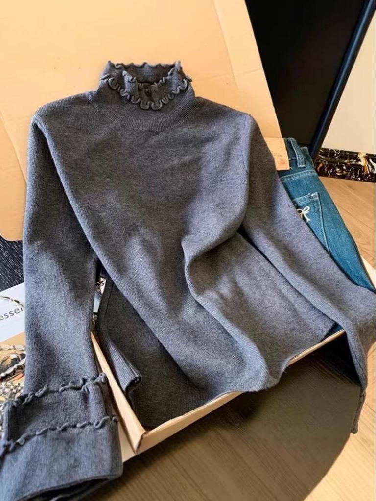Women's Chic Solid Color Half-High Collar Top with Wood Ear Edge for Autumn & Winter