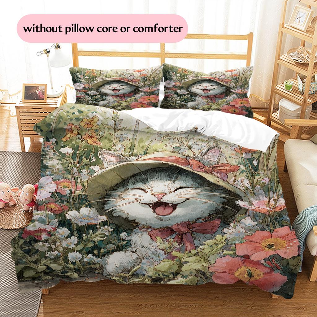Set Copripiumino Trapuntato con Fantasia Gatto con Cappello Vintage Decorazione per la Casa Regalo (1 * copripiumino + 2 * federa, senza nucleo)