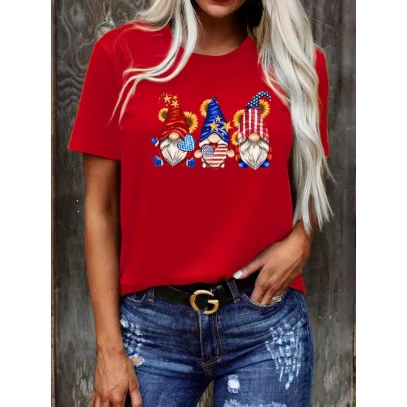 Vintage Holiday Snowflake Elements Cute Cartoon Santa Lady Large Size Loose Holiday Crew Collar Short Sleeve T-Shirt Top