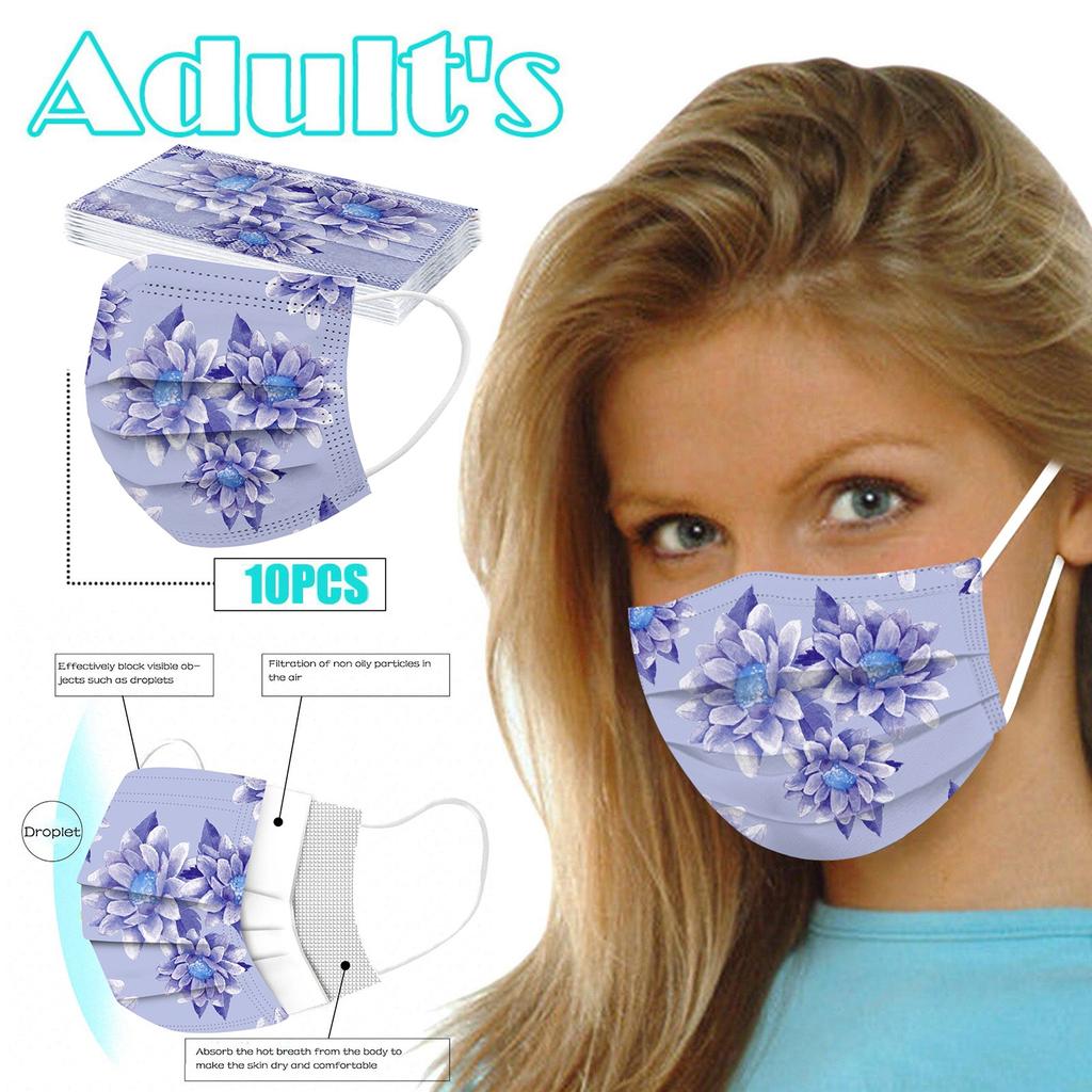 10pcs Flower Printing Adult Disposable Christmas Mask 3 Layer Earring Face Mask