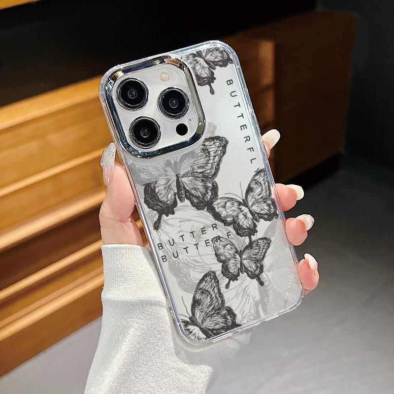 Electroplating Lens Frame Flower Butterfly Case For iPhone 15 16 Pro Max Plus 12 13 14 Pro 11 Transparent TPU Phone Cover For iPhone 16 Pro