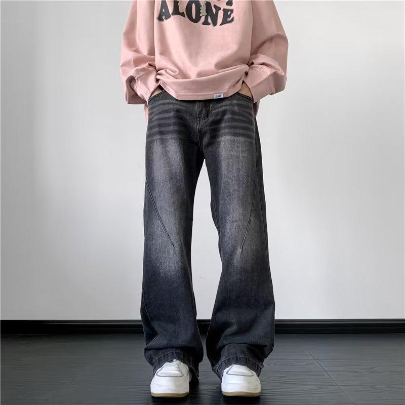 Men's Retro Washed Distressed Flared Wide-Leg Jeans - Trendy Loose Fit for Autumn