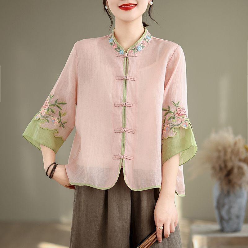 Summer Cotton and Linen Literary Retro Embroidered Shirt Women's Buttoned Cardigan Shirt Three-quarter Top National Style Loose and Slim