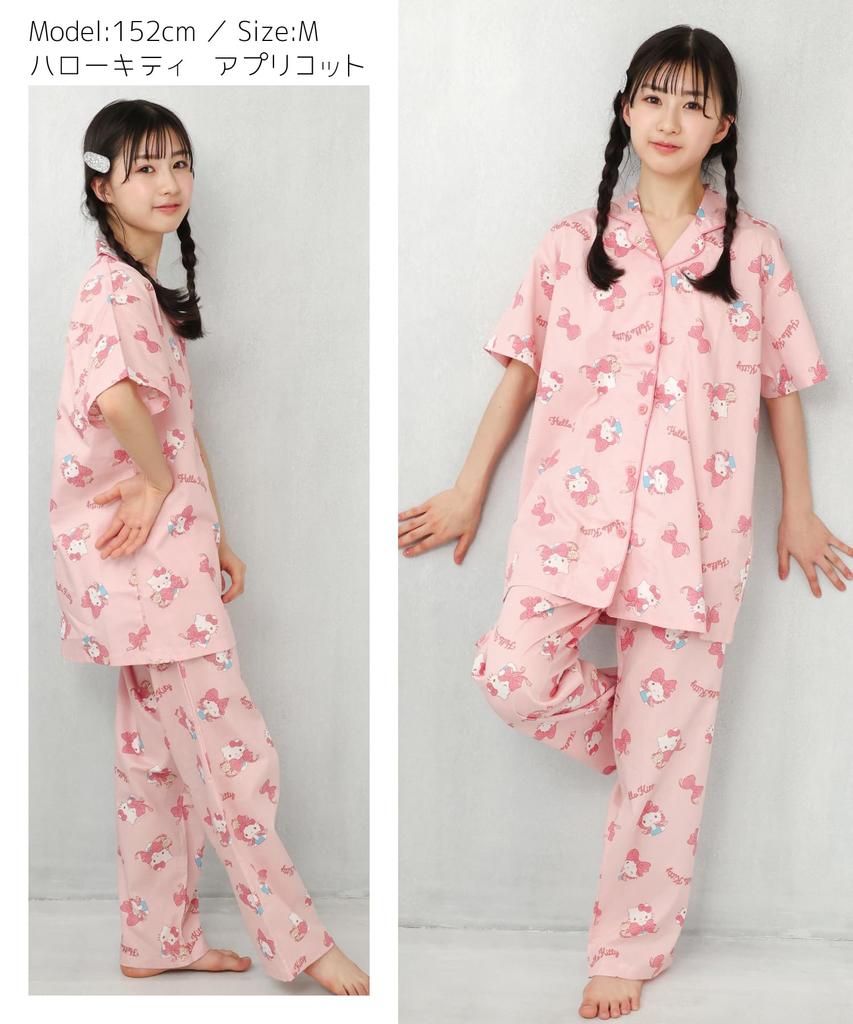 SAZAC Hello Kitty Shirt Cotton Short Sleeve and Long Pants Ribbon Hello Kitty Pajamas, 100% Broadcloth, Women's Set, Loungewear, (Red/L/SAN1799)