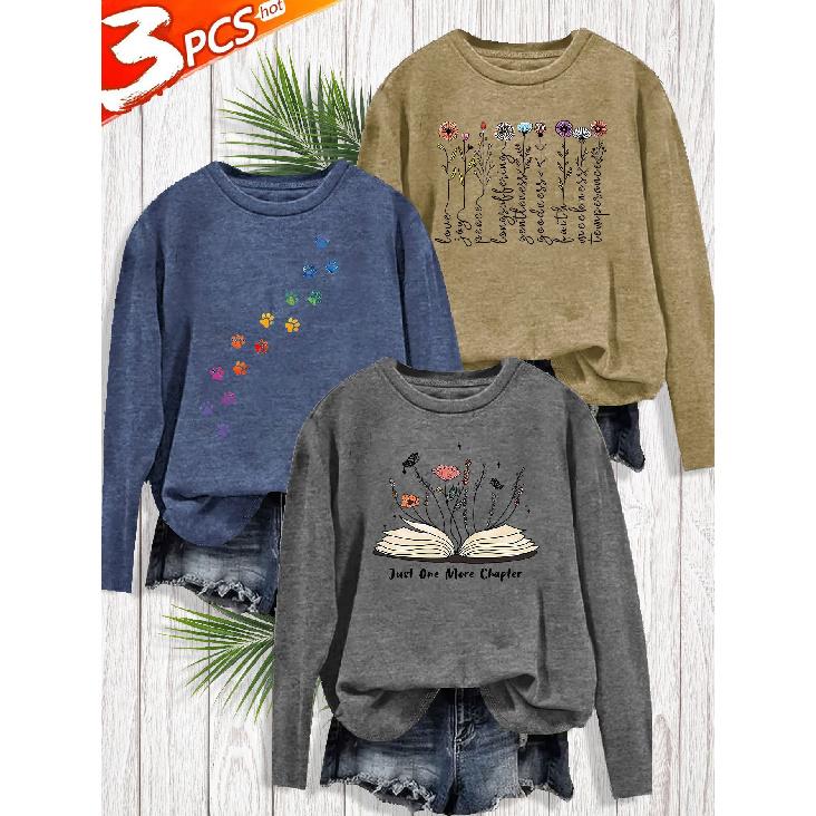 3Packaged footprints Flower Book print fashion retro style women's spring, summer, autumn, winter vintage sports style top with round neck and long