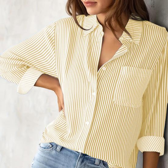 Women Shirt Lapel Long Sleeve Single Breasted Shirt Tops with Patch Pocket Loose Fit Breathable Office Tops