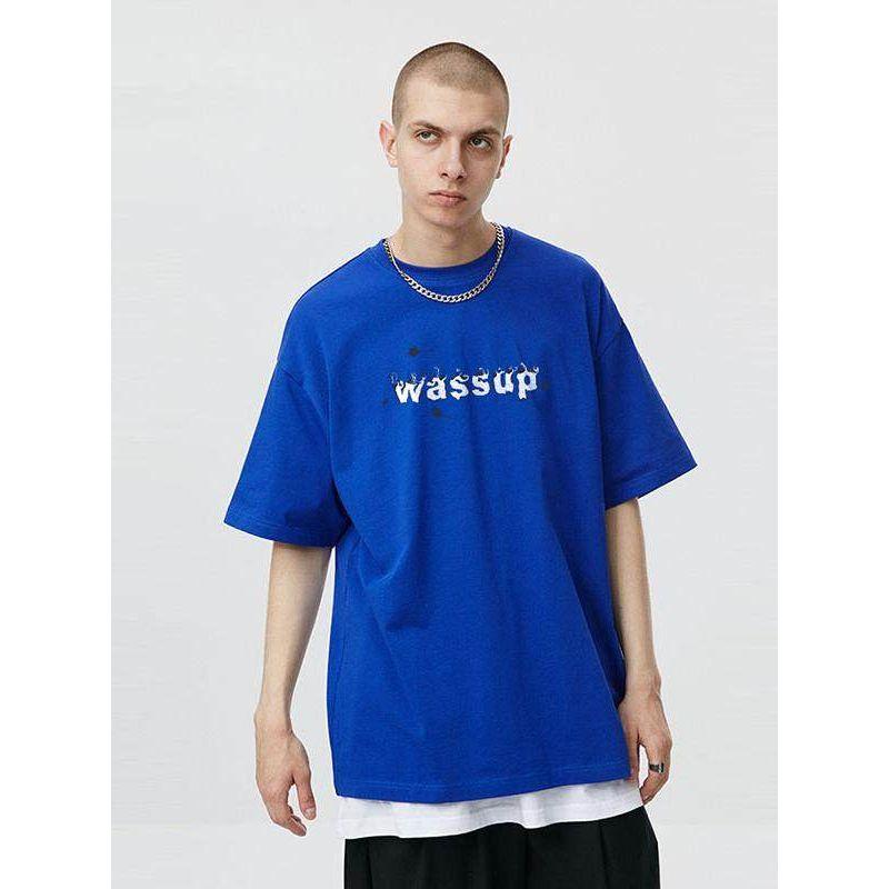 Wassup Heods Short-Sleeved T-Shirt for Men, Flame Trendy Brand, 2022 Summer Casual Top, Couple's National Trendy Brand Heavyweight