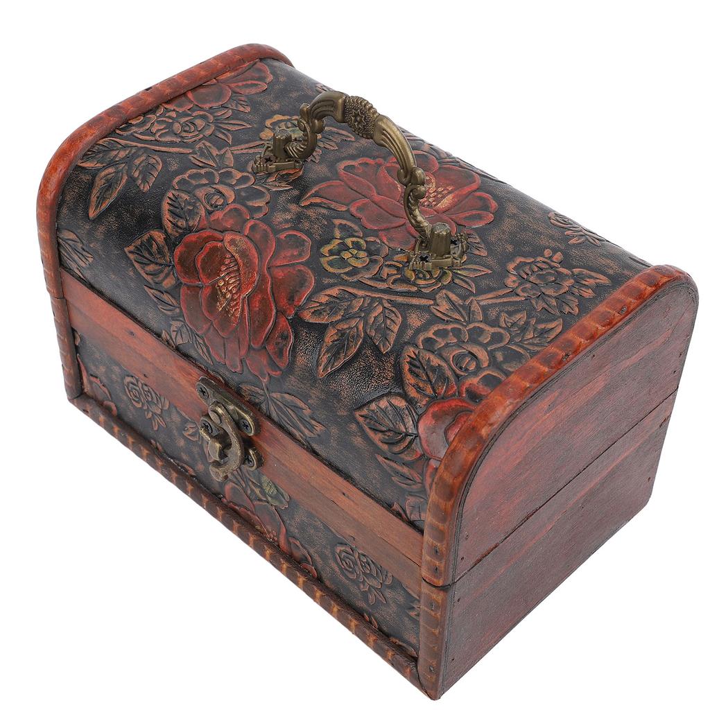 Vintage Wooden Jewelry Box Retro Treasure Chest Trinket Case with Handle Keepsake Decorative Box