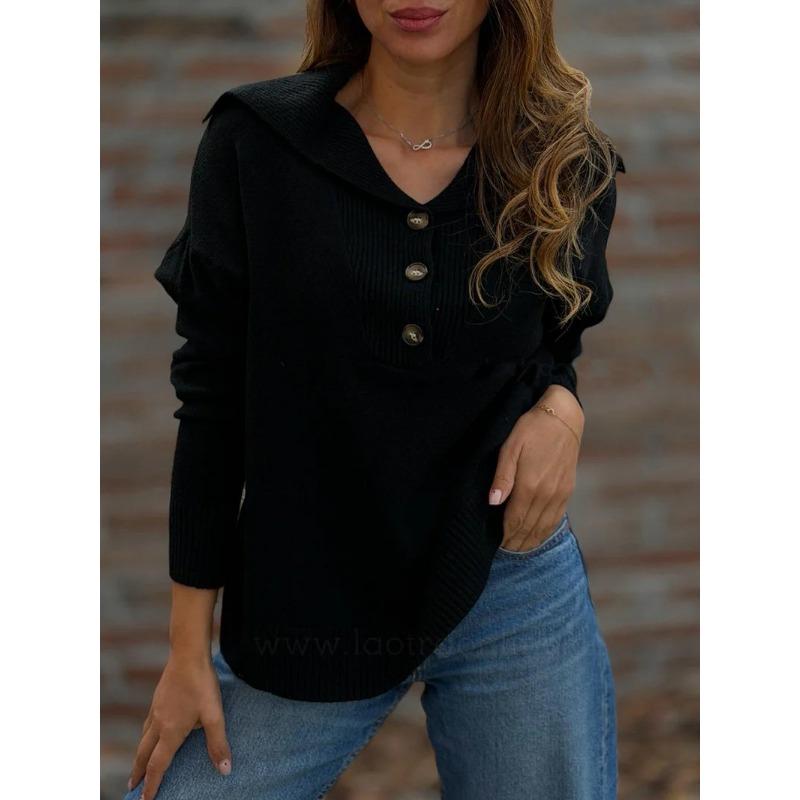 Women S Loose Fit Turn Down Collared Long Sleeve Solid Color Sweater
