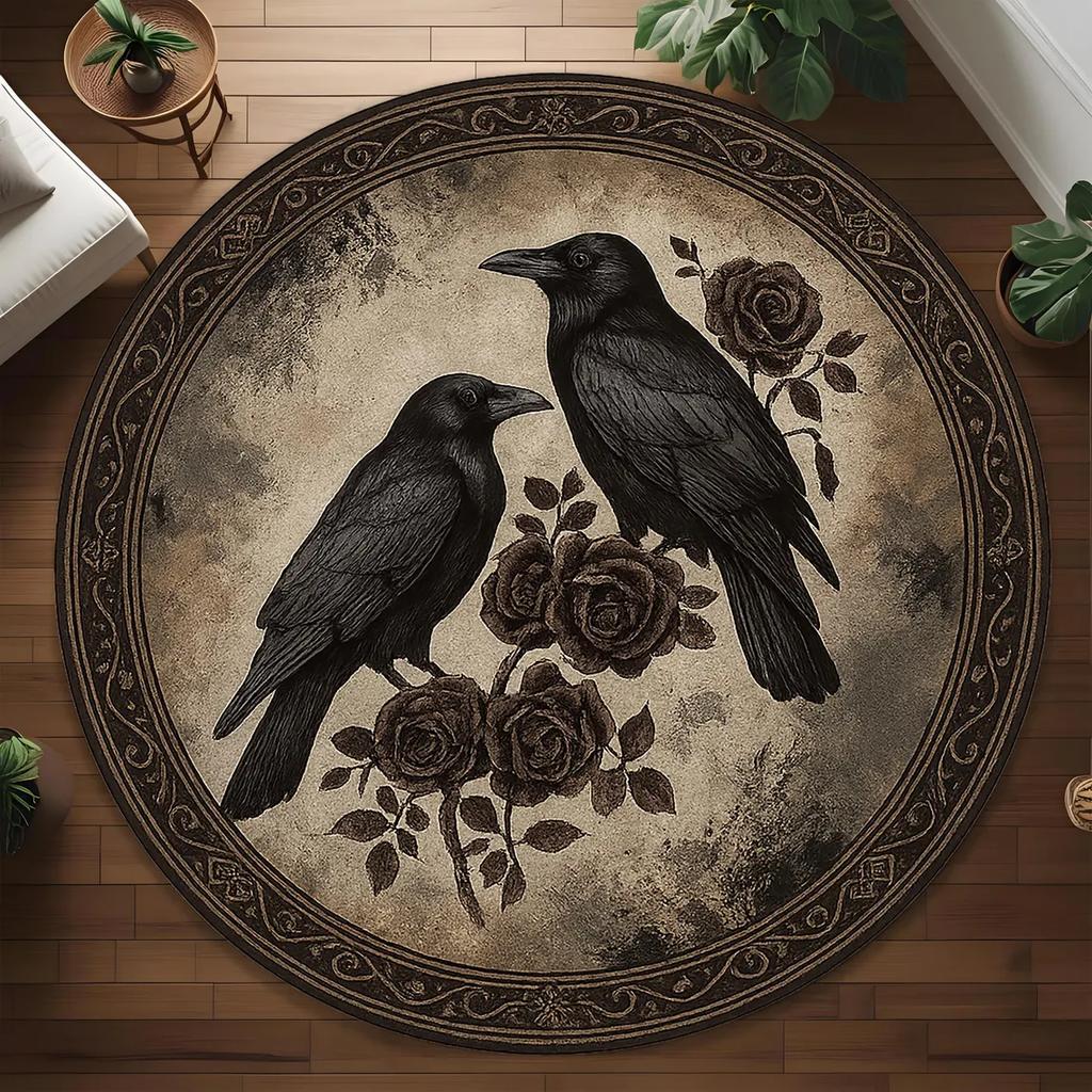Raven and Full Moon Round Rug Gothic Witchy Carpet with Celestial Stars and Botanical Accents for Dark Boho Home Decor Mat