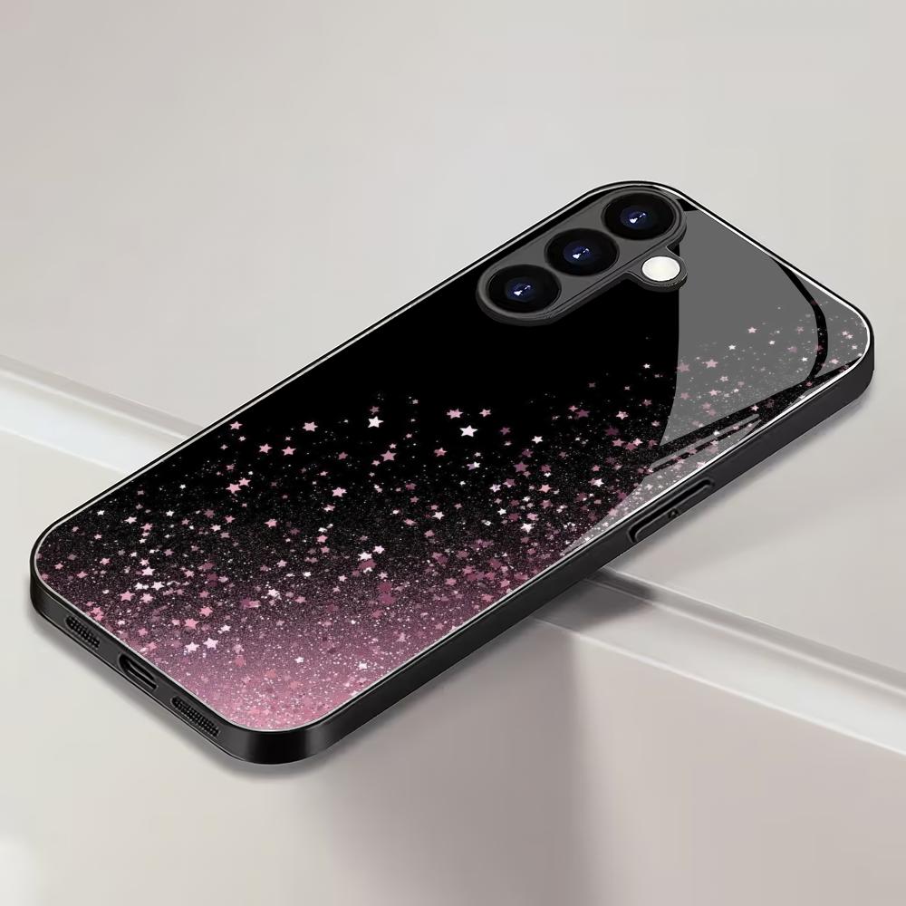 Pink Glitter Pattern Tempered Glass Phone Case Suitable for Samsung Galaxy S26 S25 S24 S22 S21 S20 FE/Ultra/Plus Anti Drop