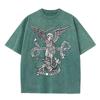 2026 Vintage St Michael Archangel Dragon Scroll Latin Text Graphic Black Acid Washed T Shirt Retro Religious Medieval Streetwear