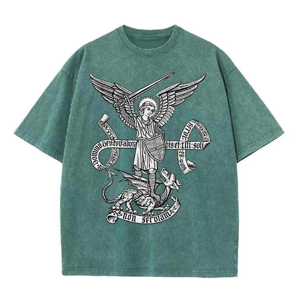 2026 Vintage St Michael Archangel Dragon Scroll Latin Text Graphic Black Acid Washed T Shirt Retro Religious Medieval Streetwear