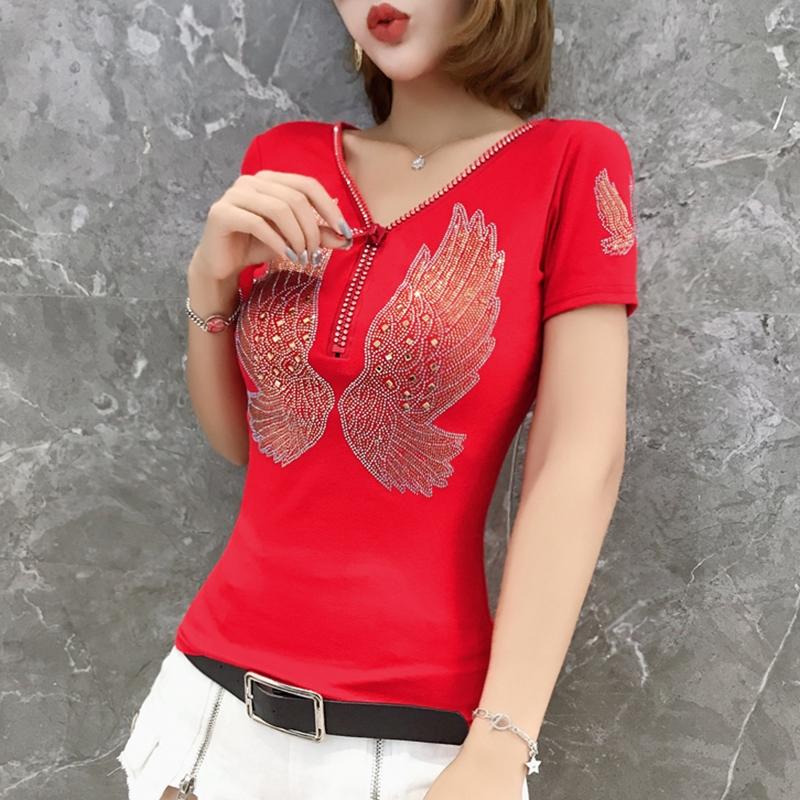 Streetwear Hip Hop Short Sleeve Wing T Shirt Women V Neck Zipper Sexy Diamonds Casual Tees Femme Diamonds Cotton Girl T-shirt Tops