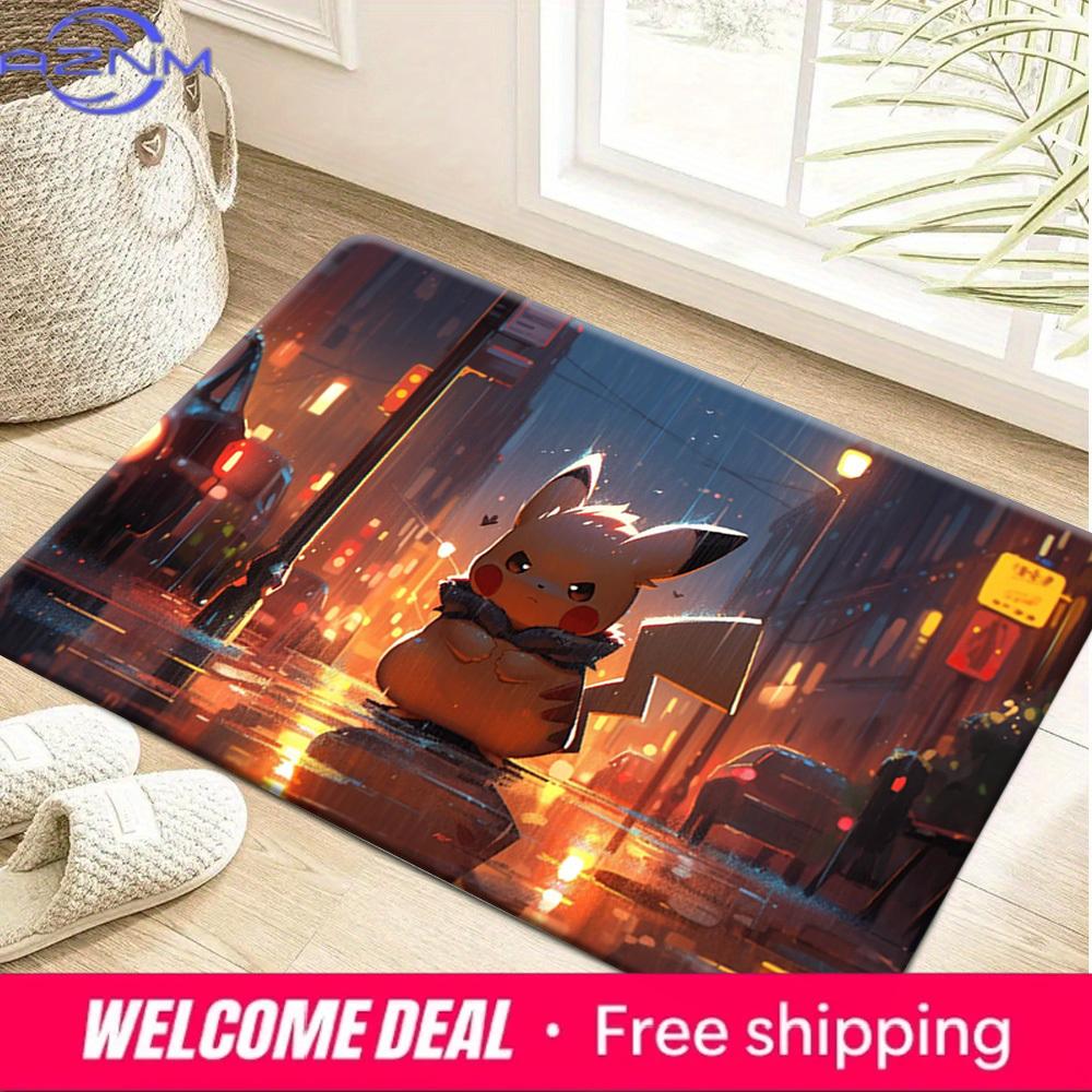 Pokemon Pikachu Night City Rain Print Non-Slip Doormat, Absorbent Floor Mat for Home Decor