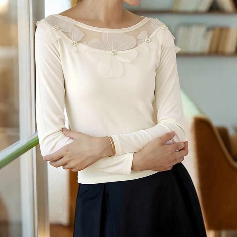 

Autumn 3D Floral Round Neck Mesh Pullover T-Shirt M бежевый