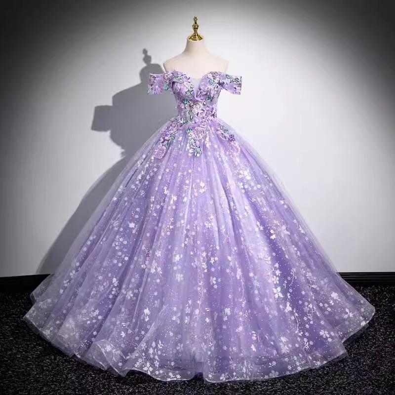 Elegant Off-the-Shoulder Purple Evening Dress with Puffy Skirt for Student Performances or Formal Events