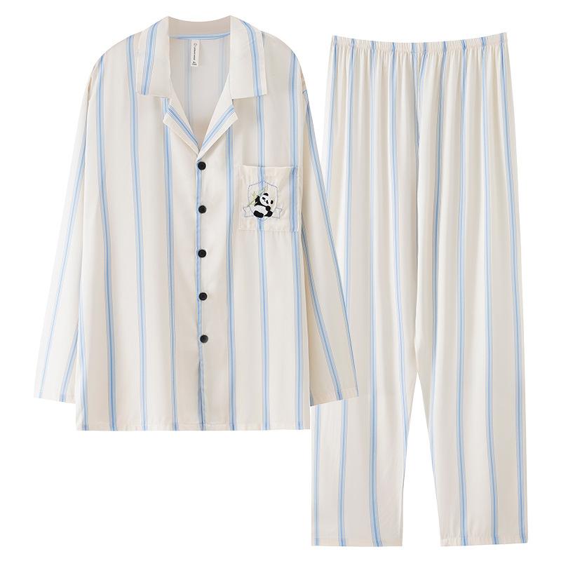 Pajamas Men'S Spring And Autumn Ice Silk Long Sleeve Loungewear Men'S Silk Simulation Silk Summer Thin Premium Suit