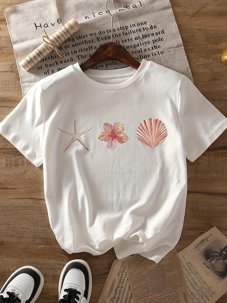 Summer Women's Vintage Marine Life Design Pattern Short Sleeve T-Shirts Round Neck Design Trendy Tops Women Clothing